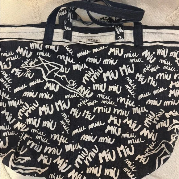 Miu Miu Denim and White Logo Tote Bag - Picture 1 of 8